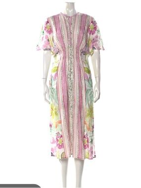 Floral Stripe Pink Midi Dress with Short Sleeves and pockets 100% cotton